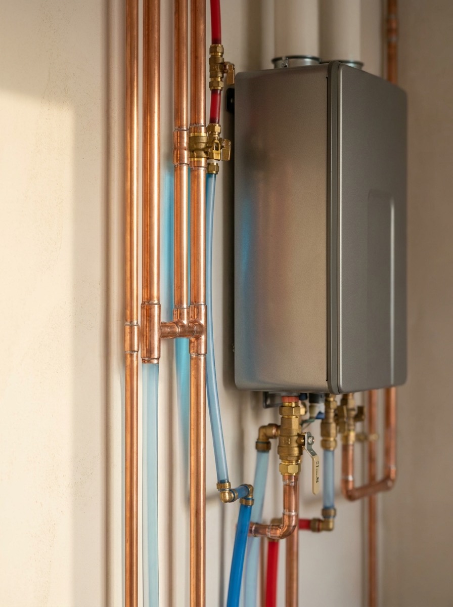 A tankless water heater installed with tidy copper pipework and brass valves, plumbed clean and square